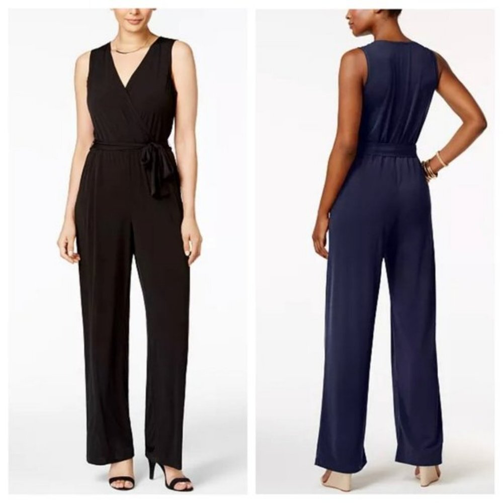 NY Collection women PM black surplice belted wide-leg‎ jumpsuit sleeveless.
